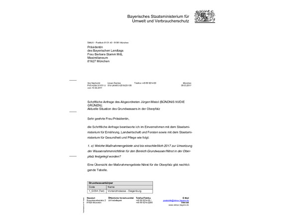Antwort der Bayerischen Staatsregierung auf die Anfrage „Aktuelle Situation des Grundwassers in der Oberpfalz“